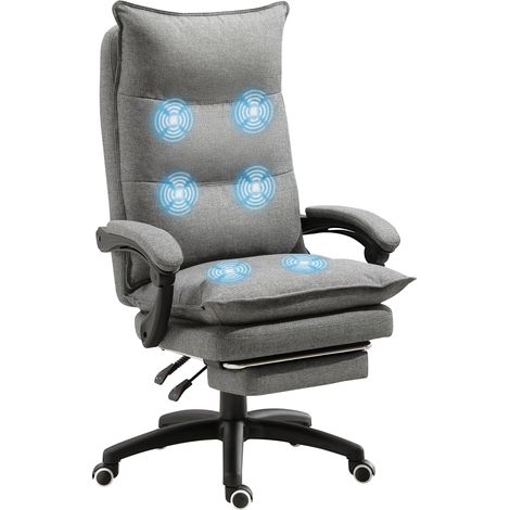 Ergonomischer Massage-Bürostuhl, Bürostuhl mit verstellbarer Rückenlehne, höhenverstellbar, integrierter Fußstütze, kabelgebundener Fernbedienung, 360°-Drehfunktion, grauer Leinenbezug