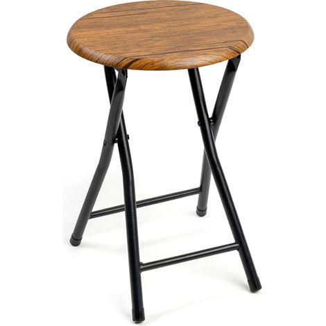 Universal Metall Klapphocker rund schwarz - 47 x Ø 30 cm - Sitzhocker klappbar mit Sitzfläche in dunkler Holzoptik