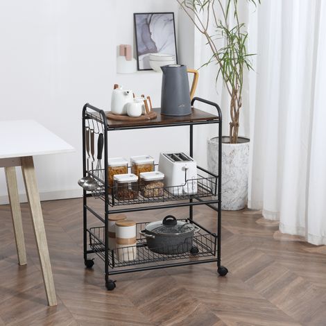 Chariot Auxiliaire Roues Cuisine Paniers Crochets Rustic Brown Mobilier Intérieur 60x38x85,5cm