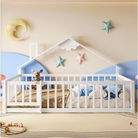Lit 140x190 cabane enfant, barrière à verrou, pin blanc HAVRYA (1/5)