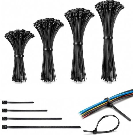 Serre Cable Plastique 200 Pièces 150/200/250/300mm Serre-Câbles en Plastique Nylon Réutilisable Collier de Serrage Attache Cable pour Intérieur et Extérieur Bricolage Jardinage - Noir (1/5)
