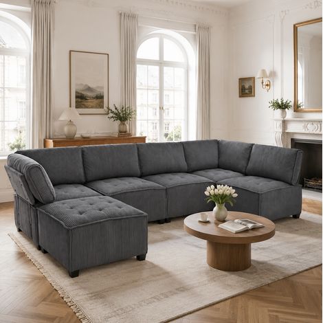 Sofá modular de 6 plazas gris en pana, configuración en U, L o cama auxiliar (1/5)