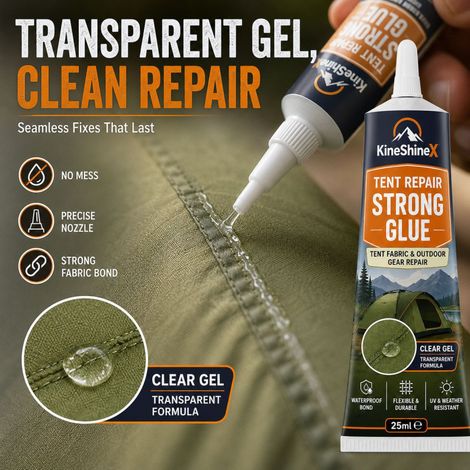 Colle de réparation pour tentes KineShineX, colle de réparation extérieure imperméable, adhésif transparent et puissant pour réparer les fissures de tentes. (1/4)
