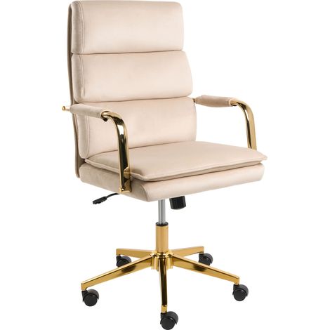 Poltrona da ufficio in velluto, girevole e regolabile in altezza con base dorata beige Vamure
