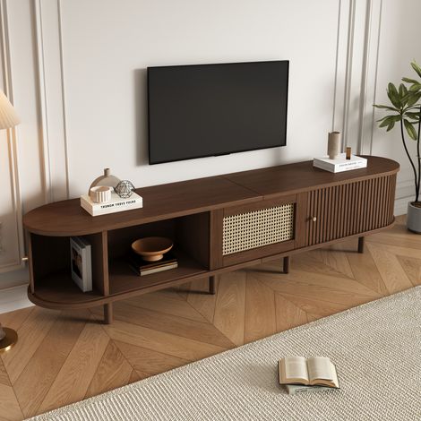 Meuble TV ovale noyer foncé, design rotin - 180 cm en MDF réglable, pieds ajustables, capacité 30 kg (1/5)