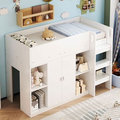 Lit Mezzanine Enfant 90x200 cm avec Armoire et Étagères de Rangement - lit enfant - Gain de Place Structure Robuste en Bois Blanc (1/5)