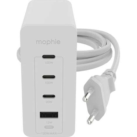 Cargador de pared Mophie GaN Speedport de 120 W con 3 puertos USB-C y 1 puerto USB-A (blanco).