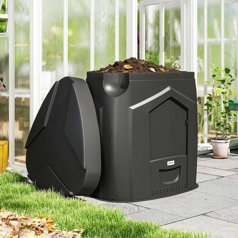 Composteur de jardin, 240L, bac à compost extérieur, en polypropylène, 3 Portes, 66 Aérations, 78 x 75 x 78 cm, Noir