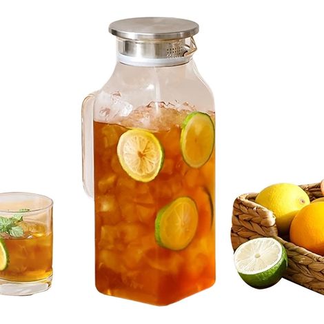 Pichet En Verre Pour Eau 2 L Carafe À Boisson Avec Poignée Et Couvercle Pichet À Jus En Verre Pour Réfrigérateur, Plan De Travail, Barbecue, Pique-Nique, Camping, Limonade, Café, Thé, (1/5)
