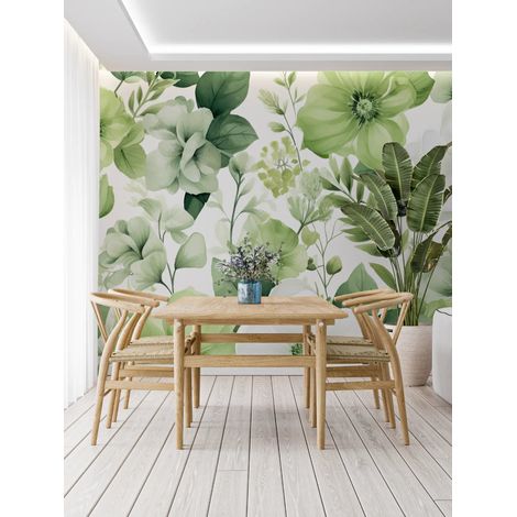 Papier Peint Floral - Fleurs Blanches et Verts Doux - 150 x 250 cm (1/2)