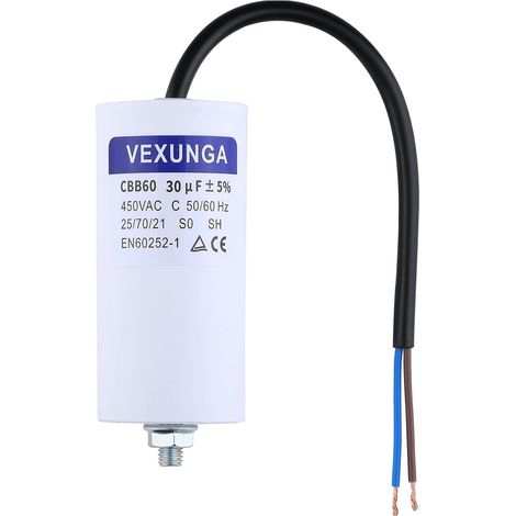 CBB60 Condensateur Demarrage Moteur 30uF 450V 45x95MM Condensateurs de Demarrage 30 MFD 450 Volt Cable M8 30 µF 50/60Hz pour Pompe Piscine (1/5)