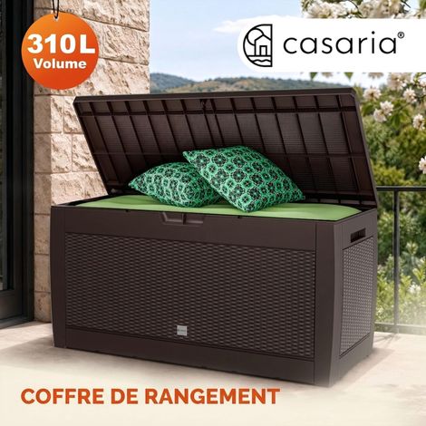 Coffre de rangement Malle 310 litres Stockage coussins avec roulettes Extérieur jardin modèle au choix Aspect rotin - marron