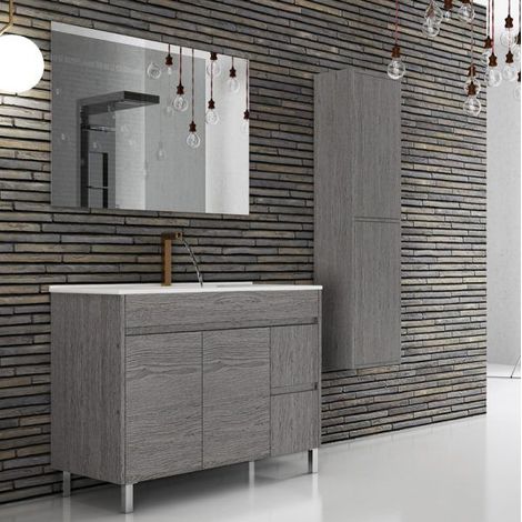 Mueble de baño ancho Isquia con lavabo y espejo. Se envía montado. 70CM Roble Smoky