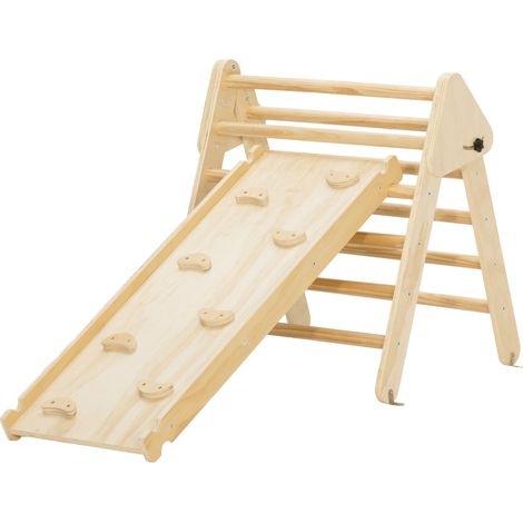 Triangle d'escalade 3-en-1 en bois naturel, toboggan et rampe, charge max 50 kg, pour enfants 18-48 mois (1/5)