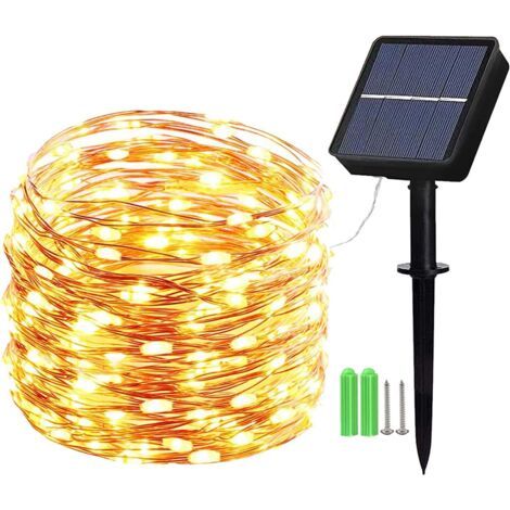 Guirnalda de luces solares para exteriores, 10 m, 100 LED, cable de cobre, 8 modos de iluminación, para decorar árboles de jardín, etc. (blanco cálido)