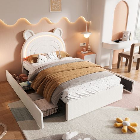 Cama infantil 90x200 cm terciopelo beige, 4 cajones LED, sin colchón - CHICFURN (1/5)