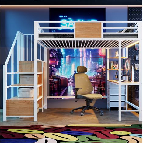 letto matrimoniale 140x200 con scrivania LED bianco OKMYHOME (1/5)