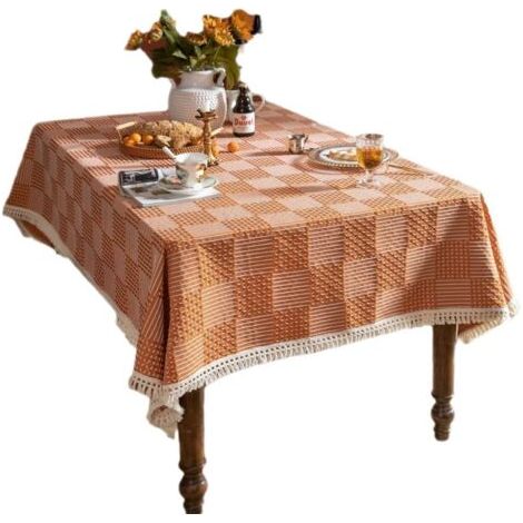 Grande nappe, 140x300 cm, en polyester, idéale pour les mariages, motif jacquard géométrique, avec pompons. (1/5)