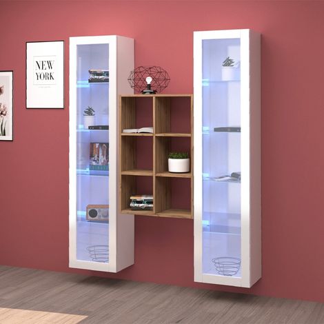 WHOUS - Parete Attrezzata MARUSKA 3 Mobili Sospesa - 2 Vetrine a Colonna e 1 Libreria a 6 Scomparti - Set da Soggiorno Bianco - Dimensioni Ingombri 140x30x180 cm (1/5)