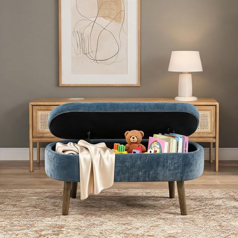 Coffre 20 L avec assise en chenille bleue sur pieds bois massif (1/5)