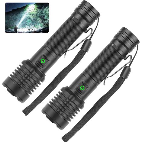 Wiederaufladbare LED-Taschenlampe mit 90.000 Lumen, Hochleistungs-LED-Taschenlampe mit hoher Lumenleistung, superhelle Taschenlampe, wiederaufladbar über Typ-C, für Camping und Wandern (2er-Pack) [Ene