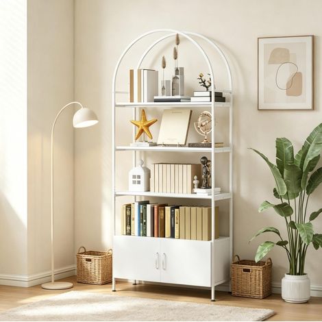 Librería blanca de 4 niveles con mueble de doble puerta, 80 x 30 x 187 cm DESVIAE (1/5)