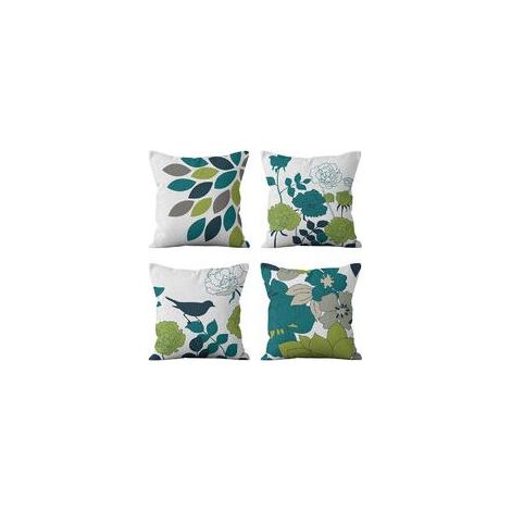 Extérieur Housse De Coussin, Lot De 4 Imperméable Fleurs Et Oiseaux Bleus Et Verts Motif Canapé Taie D'oreiller Pour Patio Jardin Salon Chambre Décoration, 45x45cm (1/4)