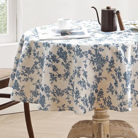 Nappe lavable 120cm Bleu Fleur Imprimé Coton Lin pour Extérieur & Intérieur