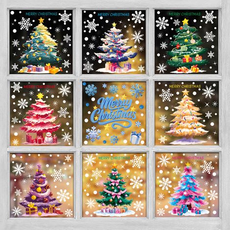 Decorazioni natalizie, adesivi statici per alberi di Natale, vetrine, adesivi per vetri a forma di pupazzi di neve e fiocchi di neve. (1/3)