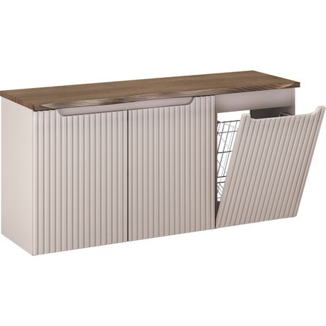 Meuble sous vasque suspendu NOVA cachemire 120 cm avec panier à linge et plan chêne casella (1/5)