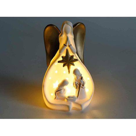 Kontarboor – Crèche de Noël en céramique blanche avec lumières LED – Détails dorés – Dimensions 10,5 x 9 x 18 H – Décoration festive (1/5)