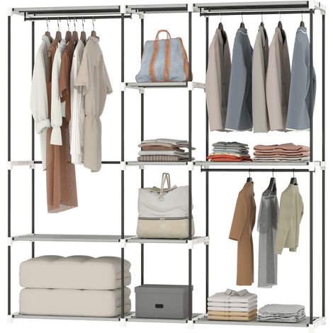 Armario abierto 8 estantes barras colgar metal gris claro 182x43x185 cm