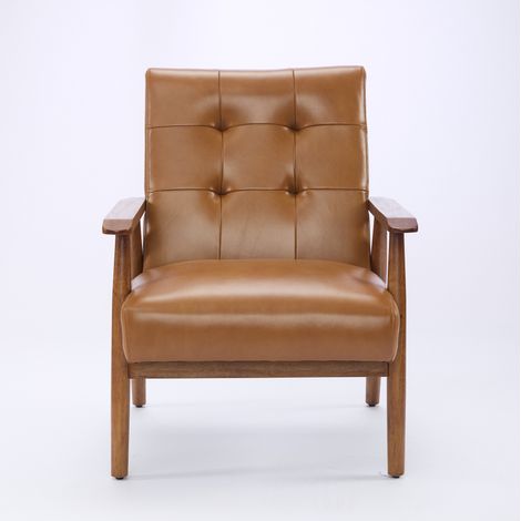 Sillón de piel marrón claro con reposabrazos en tono nogal y patas de madera de caucho (1/5)