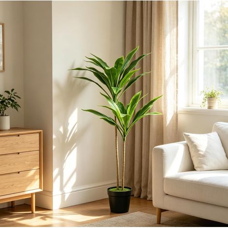 Árbol artificial Cordyline de 90 cm con 29 hojas realistas, planta decorativa verde de PEVA en maceta con base de cemento para interior y exterior – CHICFURN (1/5)