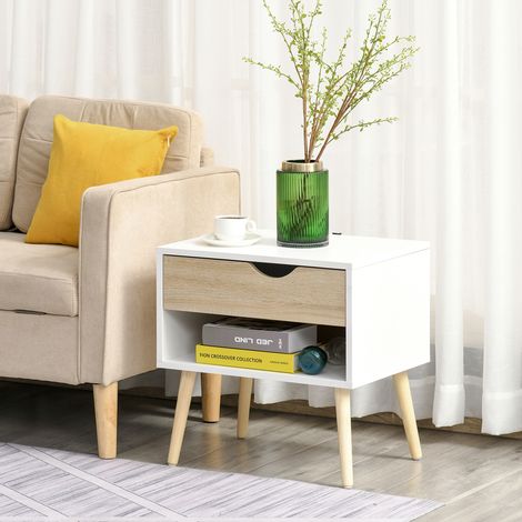 Mesita de noche con cajón, diseño moderno, patas de madera maciza, 50 x 39 x 51 cm, madera blanca y natural.
