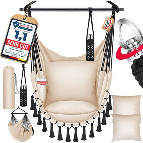 KESSER® Hängesessel mit 2 Kissen Getränkehalter & Bücherfach - Safari XXL Hängestuhl für Erwachsene & Kinder Hängematte bis 150 kg Hängesitz Beige