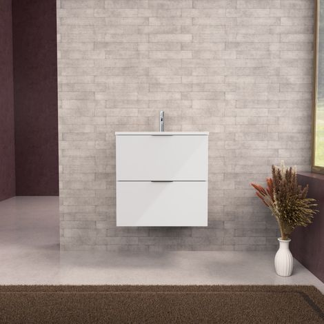 Inda - Badezimmerschrank B.60 mit matt/glänzend weißem Waschbecken 2 Schubladen - Topazio