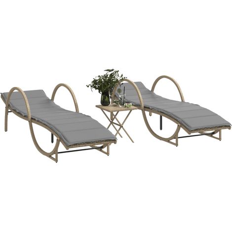 Sonnenliegen 2 Stk. mit Tisch Beige Poly Rattan