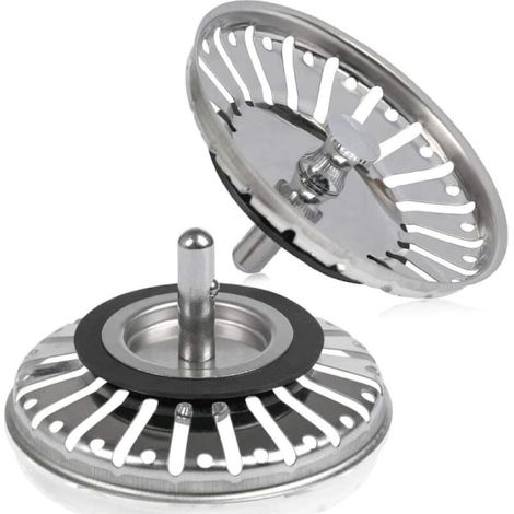 Bouchon d'évier inox 84mm, bonde à rotule pour cuisine et salle de bain, passoire à déchets en acier inoxydable, lot de 2, finition brossée, adaptable trou standard. (1/5)