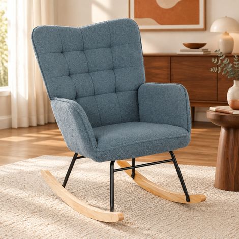 Poltrona a dondolo in poliestere azzurro, con braccioli e base in legno, 120 kg, OKMYHOME (1/5)