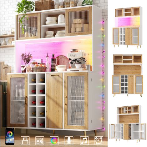 LUHOMFU - Buffet de cuisine avec éclairage LED connecté et prise intégrée, meuble de rangement avec casiers à vin et à snacks, 5 portes, plan de travail, blanc et bois, 120×40×170 cm (1/5)