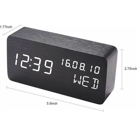 (Couleur bois) Réveil digital en bois avec contrôle sonore par LED, alimentation double par batterie USB, horloge silencieuse en bois avec LED, décorations pour la maison (1/3)
