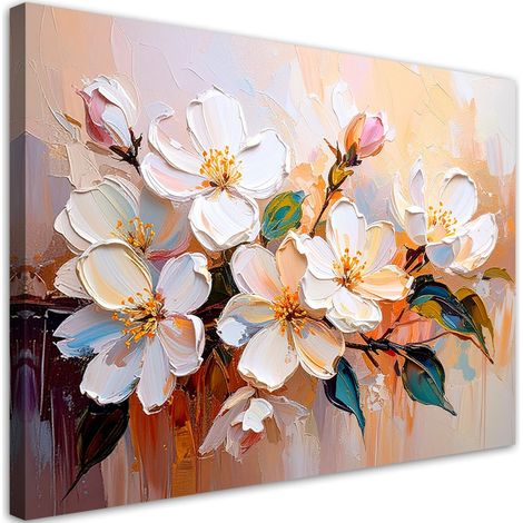 Wandbild für das Schlafzimmer Wohnzimmer Gemalte weiße Blumen in Beige 90x60 cm
