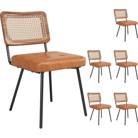Chaise de salle à manger en cuir PU avec dossier en rotin PE, pieds en métal réglables, 61x46x79 cm, lot de 6 (1/5)