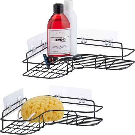 Relaxdays Mensole Angolari Doccia, Set da 2 Scaffali Porta Sapone ad Angolo, Autoadesivo Senza Foratura, in Ferro, Nero