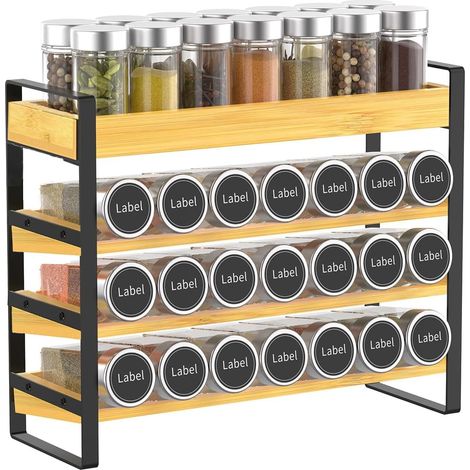 4 Niveaux Rangement epices cuisine,Bambou,Pour 35 bouteilles d'épices (verre non inclus) Pour cuisines, Placards, garde-manger, Plans de travail, Organisateur d'épices.(36x28.5x12CM) (1/5)