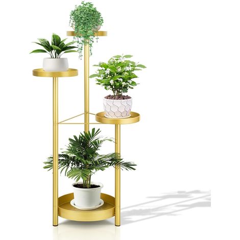 Porte-Plantes Métallique 4 Niveaux - Étagère Plantes Pliable Intérieure Extérieure avec Support Doré, Parfait pour Salon, Chambre, Bureau, Jardin-Or (1/5)