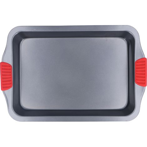 Plaque de cuisson avec poignée en silicone rouge, revêtement antiadhésif, acier au carbone, compatible lave-vaisselle, design plus profond, plaque de cuisson pour four (1/5)