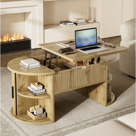 Couchtisch 100x50x40.5 cm Eiche MDF mit höhenverstellbarer Tischplatte, Schiebetüren und offenen Regalen (1/5)
