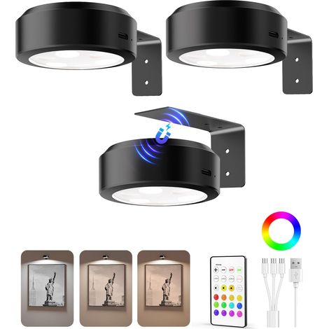EZVALO Lampes pour tableaux muraux, batterie rechargeable 2000 mAh, lampes magnétiques avec 3 températures de couleur et 12 RGB, télécommande, variateur et minuterie (1/5)